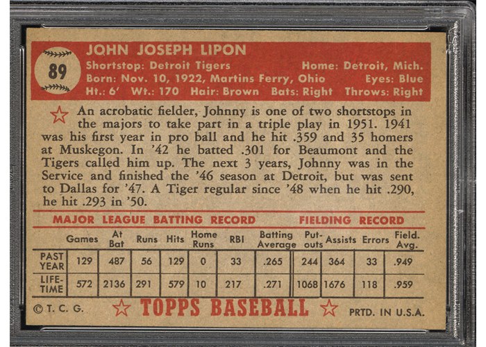 1952 Topps #89 Johnny Lipon (back)