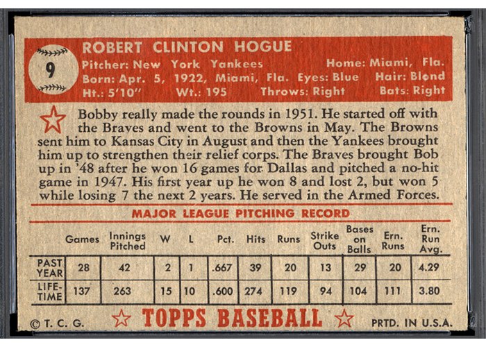 1952 Topps #9 Bobby Hogue (back)