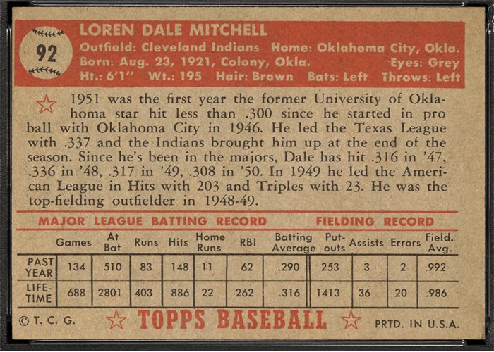 1952 Topps #92 Dale Mitchell (back)