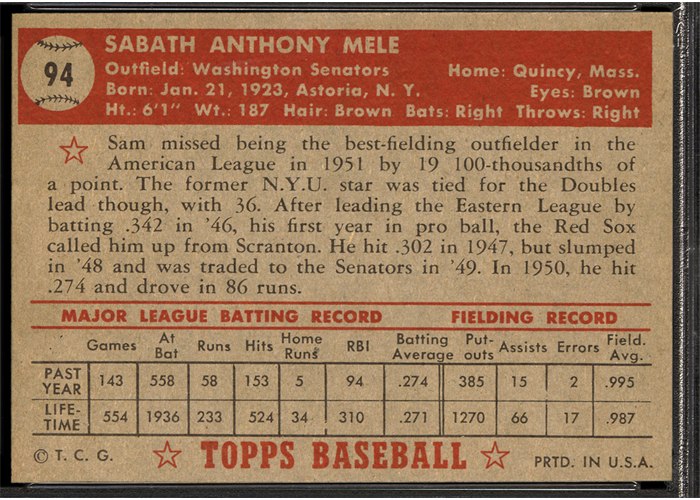 1952 Topps #94 Sam Mele (back)