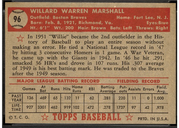 1952 Topps #96 Willard Marshall (back)