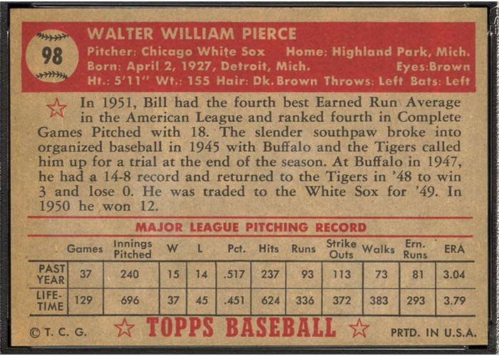 1952 Topps #98 Bill Pierce (back)