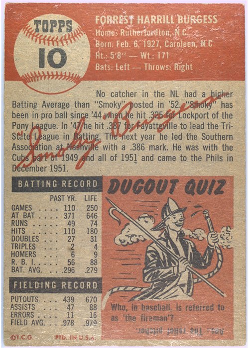 1953 Topps #10 Smoky Burgess card back