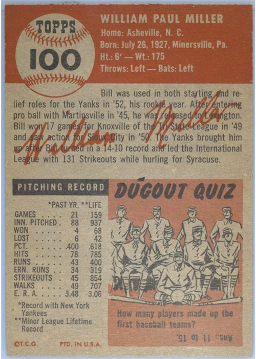 1953 Topps #100 Bill Miller card back