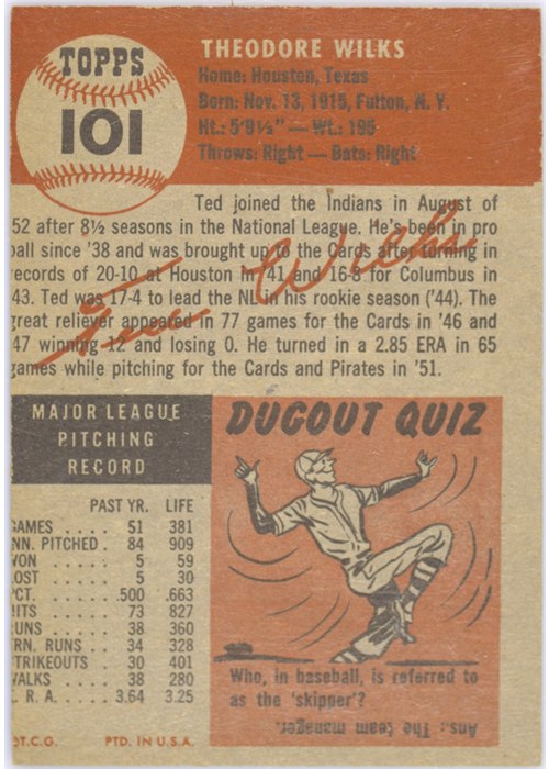 1953 Topps #101 Ted Wilks card back