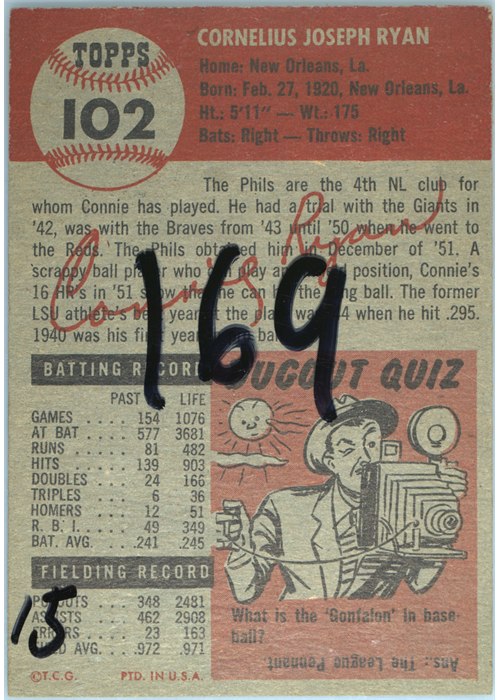 1953 Topps #102 Connie Ryan card back