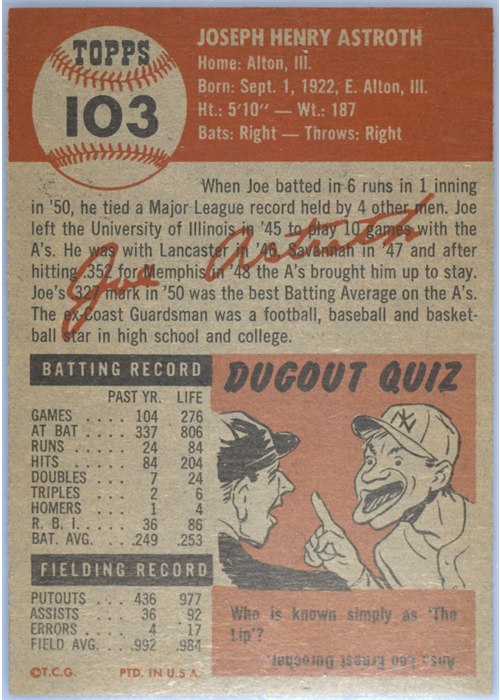 1953 Topps #103 Joe Astroth card back