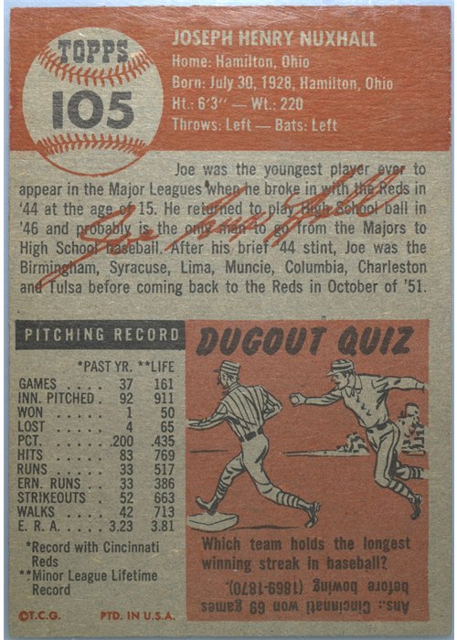 1953 Topps #105 Joe Nuxhall card back