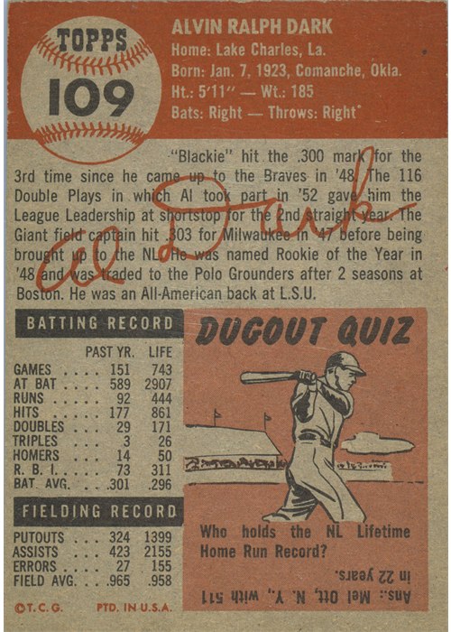 1953 Topps #109 Alvin Dark card back