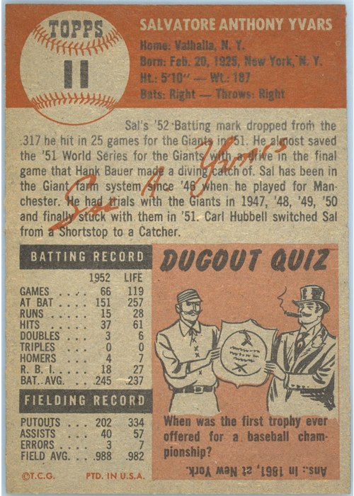 1953 Topps #11 Sal Yvars card back