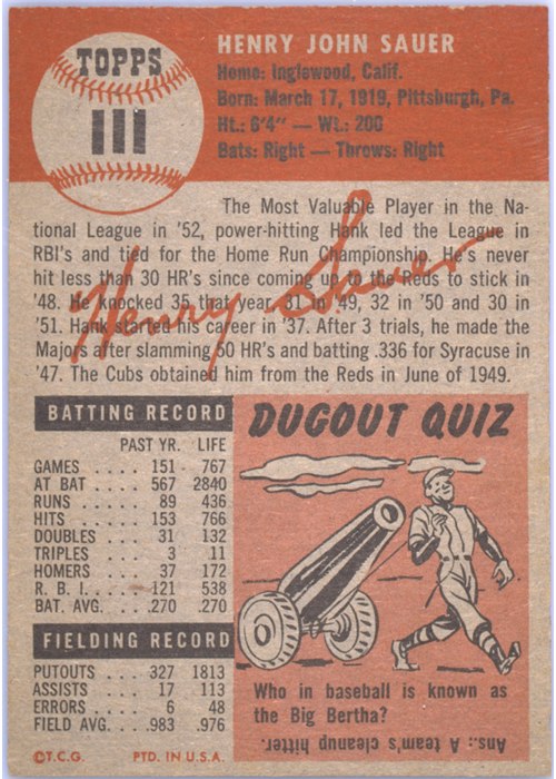 1953 Topps #111 Hank Sauer card back