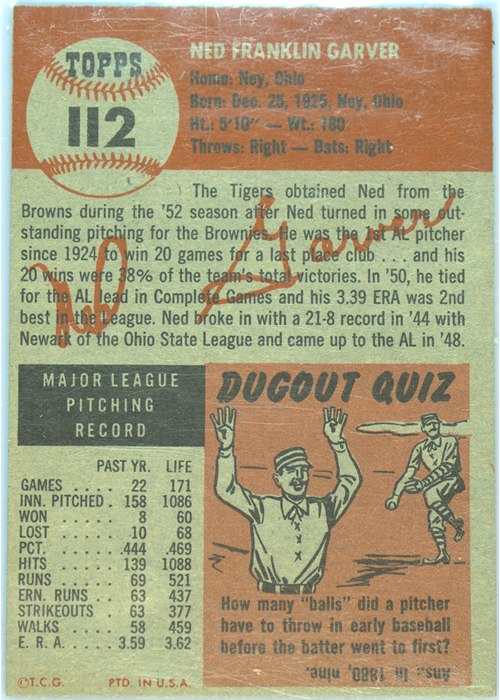 1953 Topps #112 Ned Garver card back
