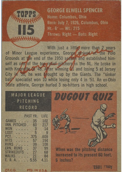 1953 Topps #115 George Spencer card back