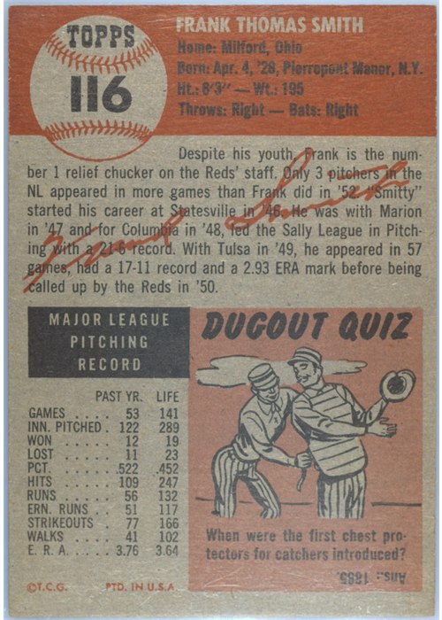 1953 Topps #116 Frank Smith card back