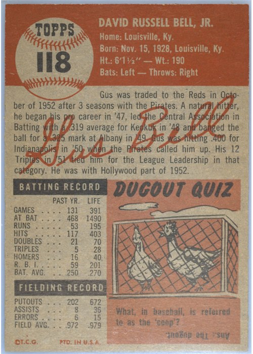1953 Topps #118 Gus Bell card back