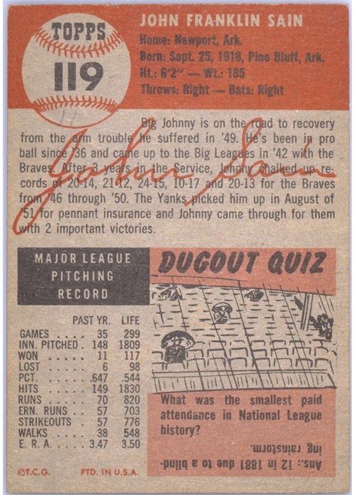 1953 Topps #119 Johnny Sain card back