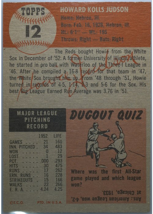1953 Topps #12 Howie Judson card back