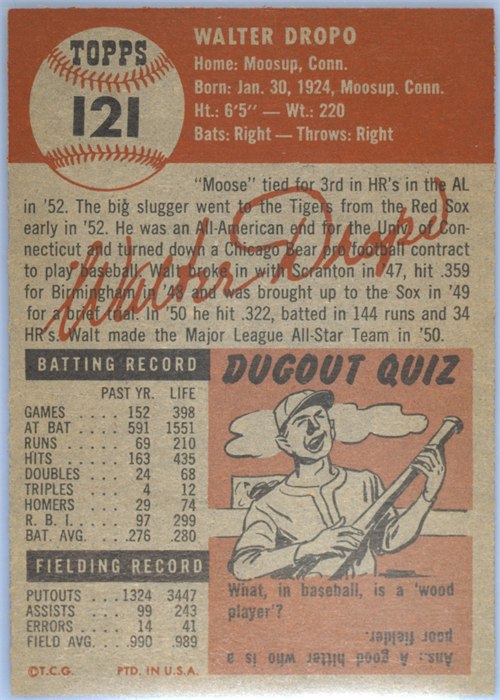 1953 Topps #121 Walt Dropo card back