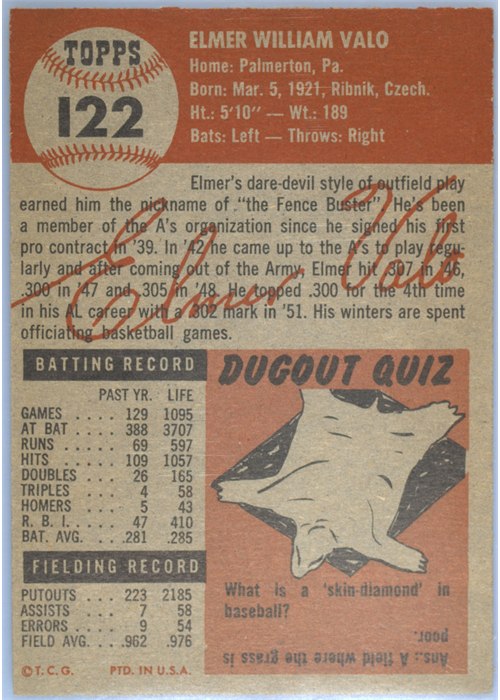 1953 Topps #122 Elmer Valo card back