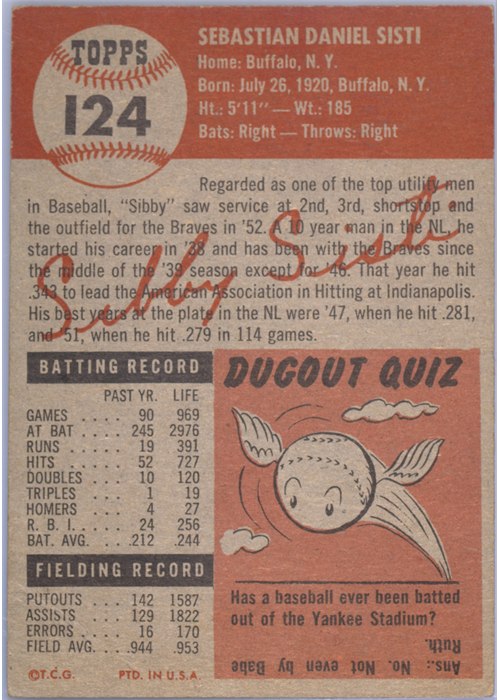 1953 Topps #124 Sibby Sisti card back