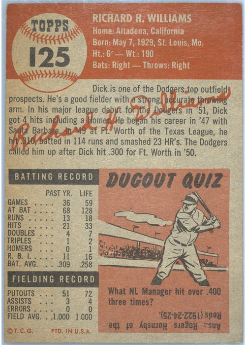 1953 Topps #125 Dick Williams card back