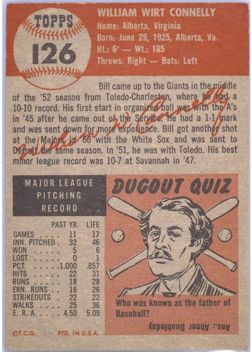 1953 Topps #126 Bill Connelly card back