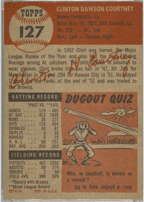1953 Topps #127 Clint Courtney card back