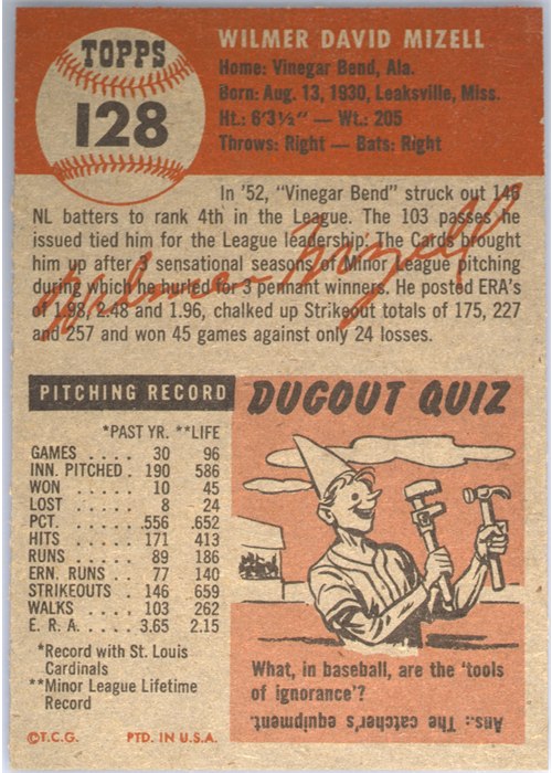 1953 Topps #128 Wilmer Mizell card back