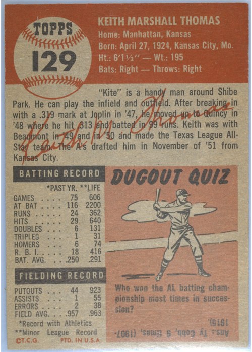 1953 Topps #129 Keith Thomas card back
