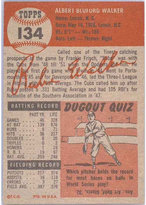 1953 Topps #134 Rube Walker card back