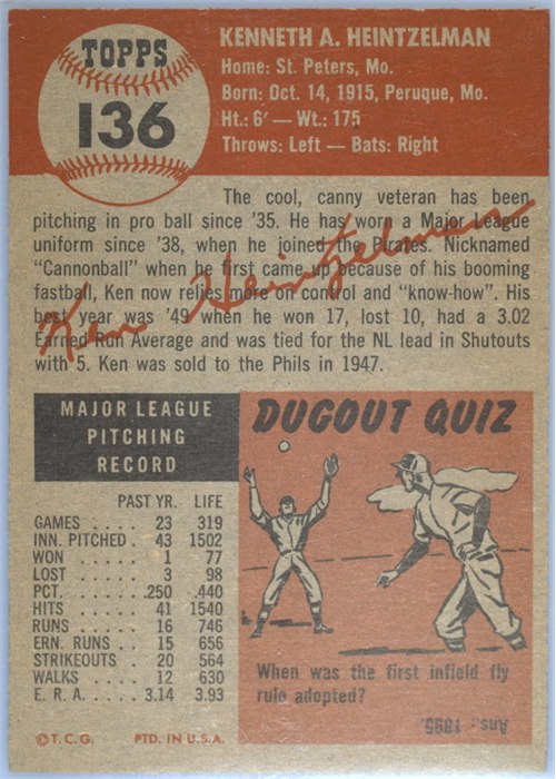 1953 Topps #136 Ken Heintzelman card back