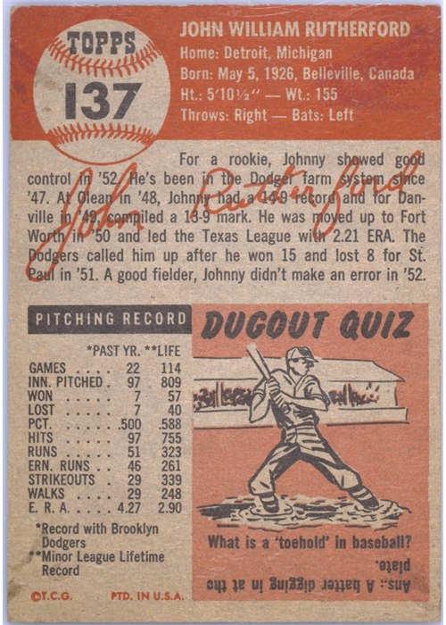 1953 Topps #137 John Rutherford card back
