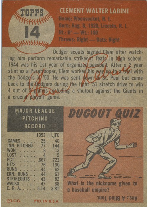 1953 Topps #14 Clem Labine card back