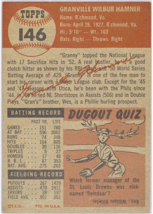 1953 Topps #146 Granny Hamner card back