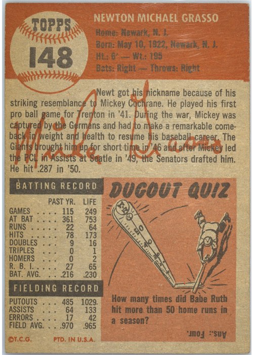 1953 Topps #148 Mickey Grasso card back