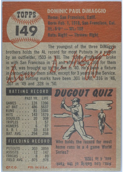 1953 Topps #149 Dom DiMaggio card back