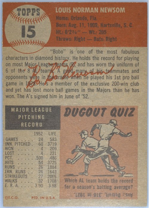 1953 Topps #15 Bobo Newsom card back