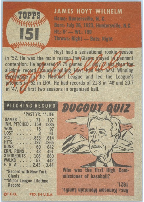 1953 Topps #151 Hoyt Wilhelm card back