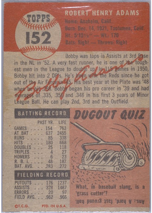 1953 Topps #152 Bobby Adams card back