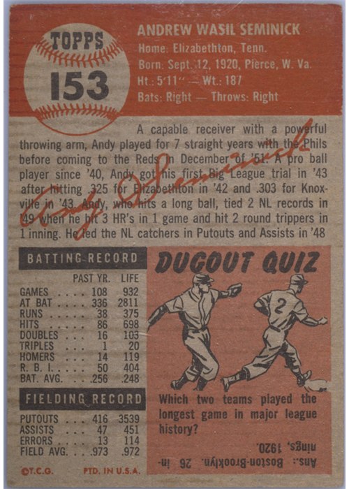 1953 Topps #153 Andy Seminick card back