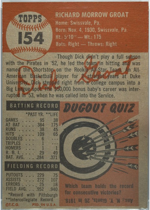 1953 Topps #154 Dick Groat card back