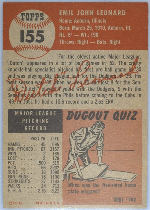 1953 Topps #155 Dutch Leonard card back