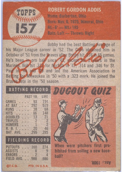 1953 Topps #157 Bob Addis card back