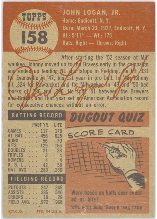 1953 Topps #158 Johnny Logan card back