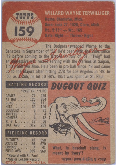 1953 Topps #159 Wayne Terwilliger card back