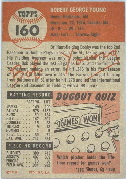 1953 Topps #160 Bobby Young card back