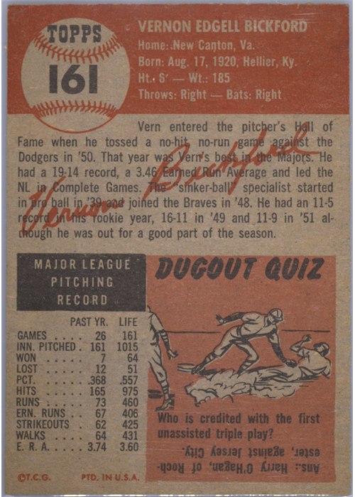 1953 Topps #161 Vern Bickford card back