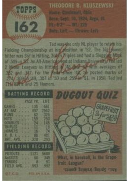 1953 Topps #162 Ted Kluszewski card back
