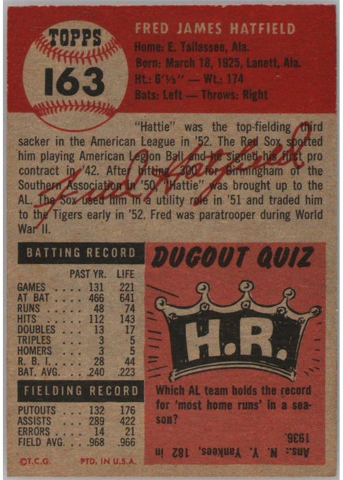 1953 Topps #163 Fred Hatfield card back