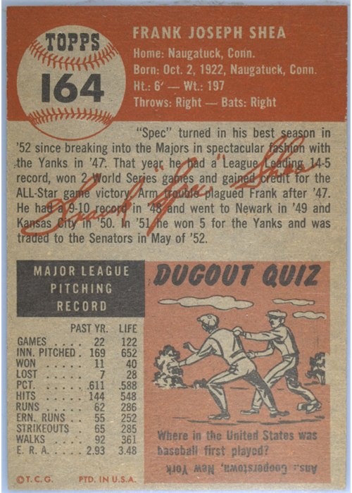 1953 Topps #164 Frank Shea card back